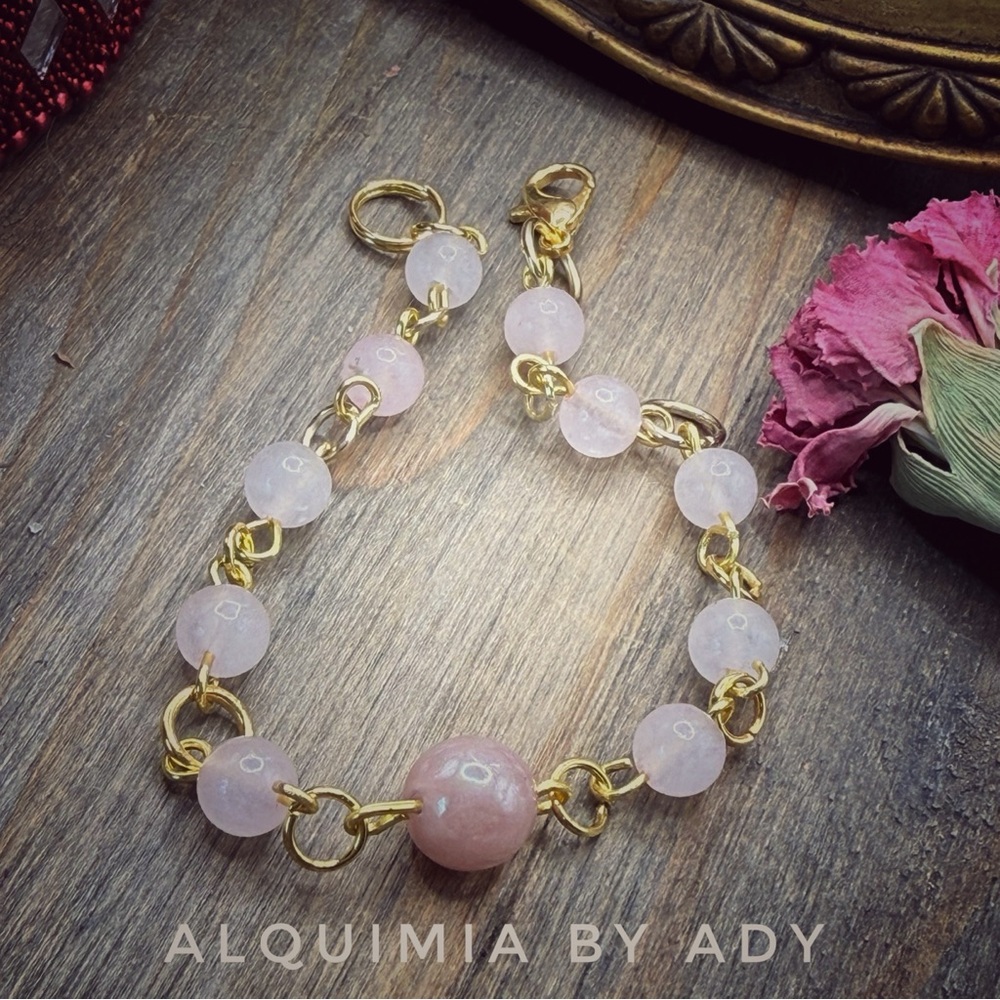PEACH MOONSTONE + Rose Quartz and Gold Bracelet
